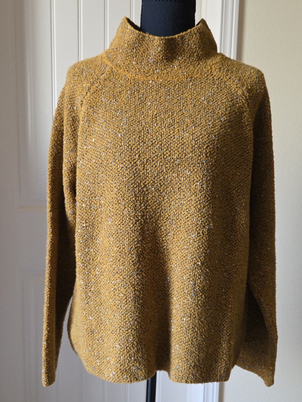 Eileen Fisher Mustard/Golden Brown Speckled Textured Mock Neck Sweater, Size M
